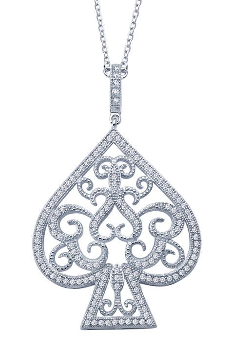 Platinum Plated Sterling Silver Simulated Diamond Lucky Lady Spade Pendant Necklace