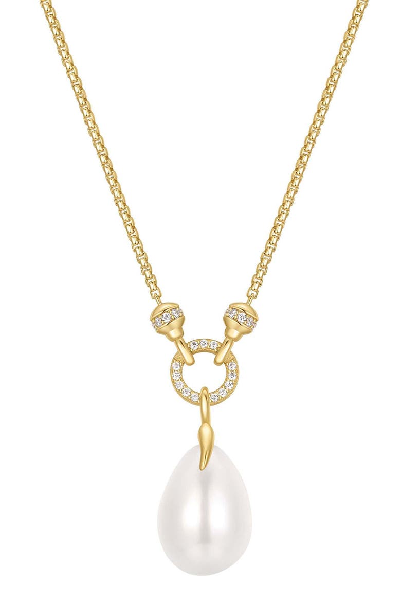 Pavé Link Faux Pearl Pendant Necklace, Main, color, SHINY GOLD