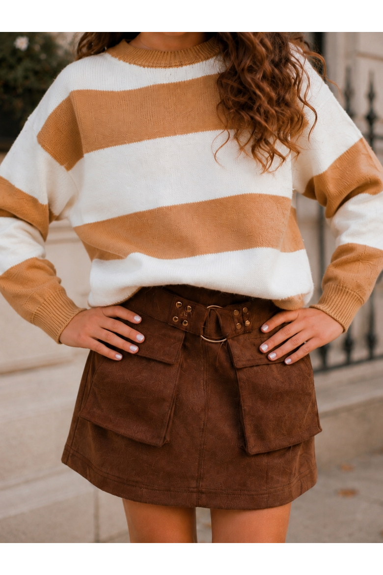 Stripe Sweater & Faux Suede Utility Skirt Set, Alternate, color, Brown