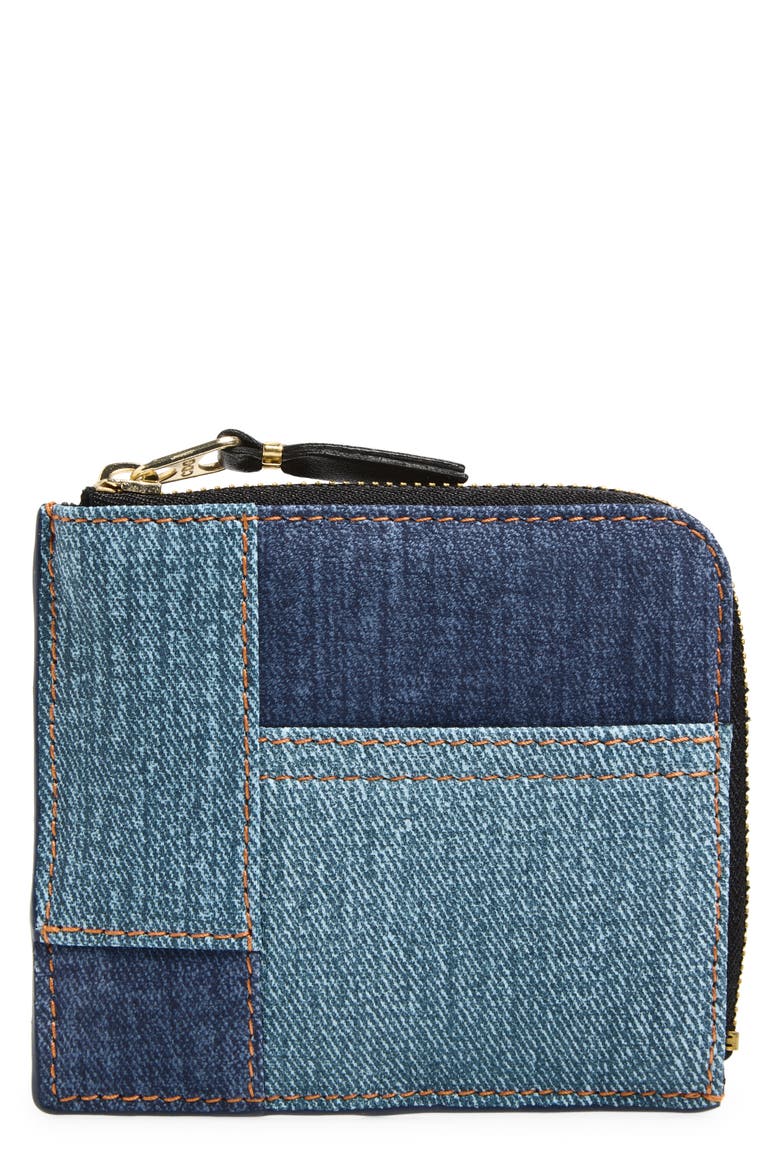 Denim Print Pocket Half Zip Wallet, Main, color, BLUE