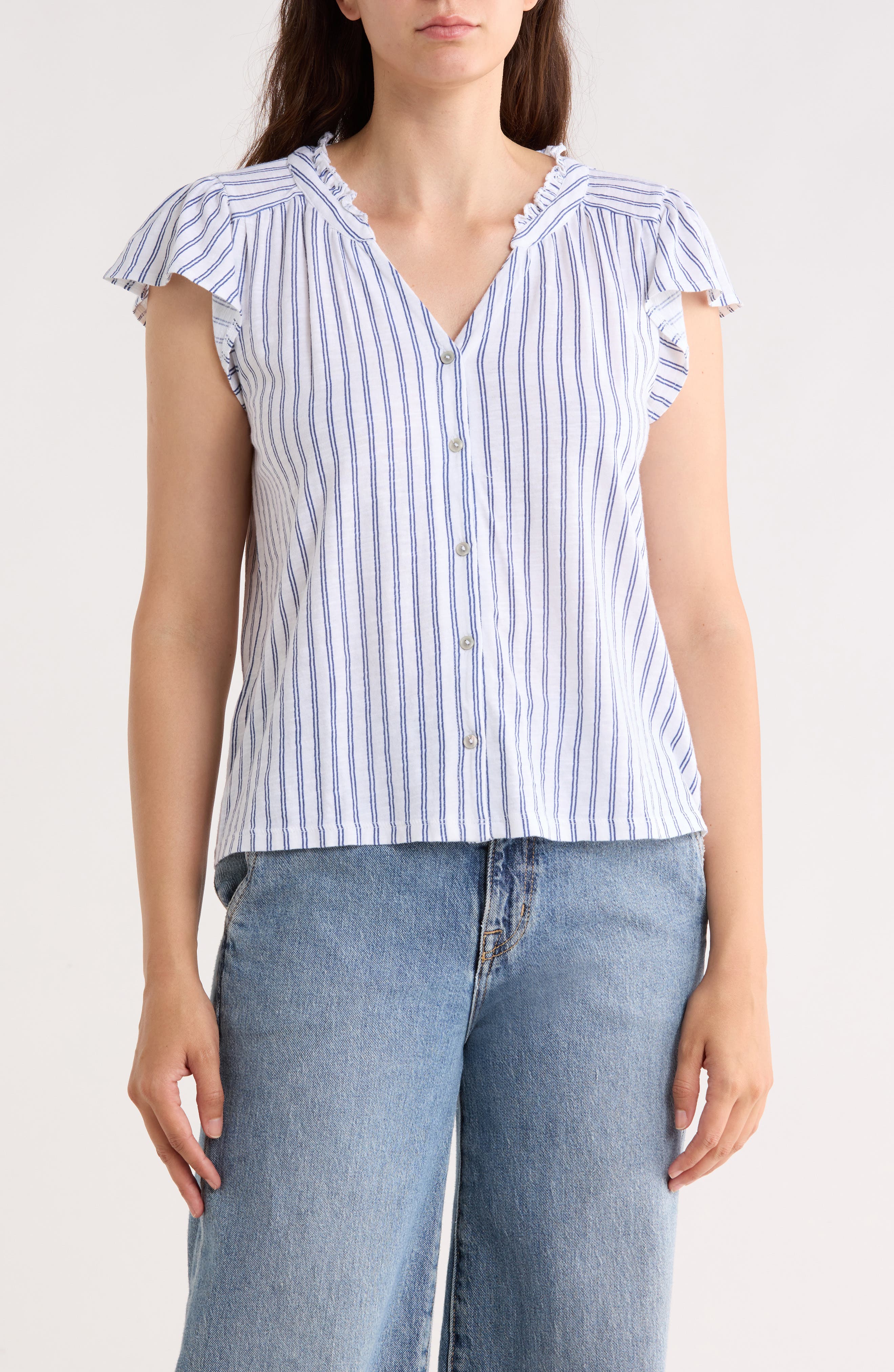 Lucky Brand Stripe Cap Sleeve Cotton Button-Up Shirt
