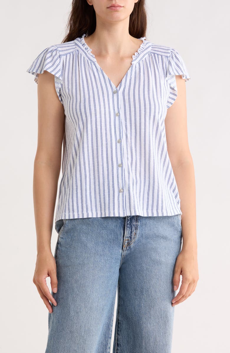Lucky Brand Stripe Cap Sleeve Cotton Button-Up Shirt, Main, color, Blue Stripe