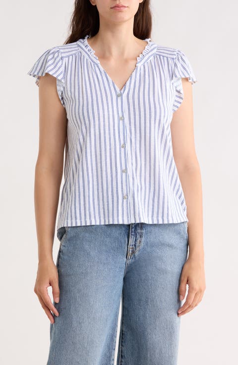 Stripe Cap Sleeve Cotton Button-Up Shirt