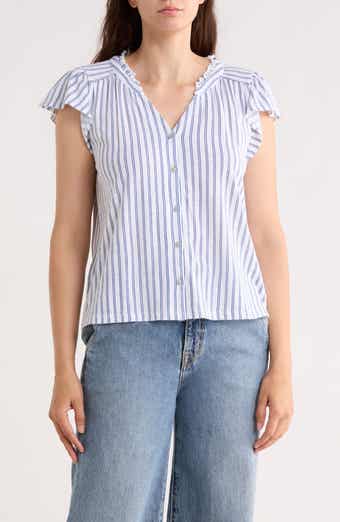 Lucky Brand Stripe Cap Sleeve Cotton Button-Up Shirt