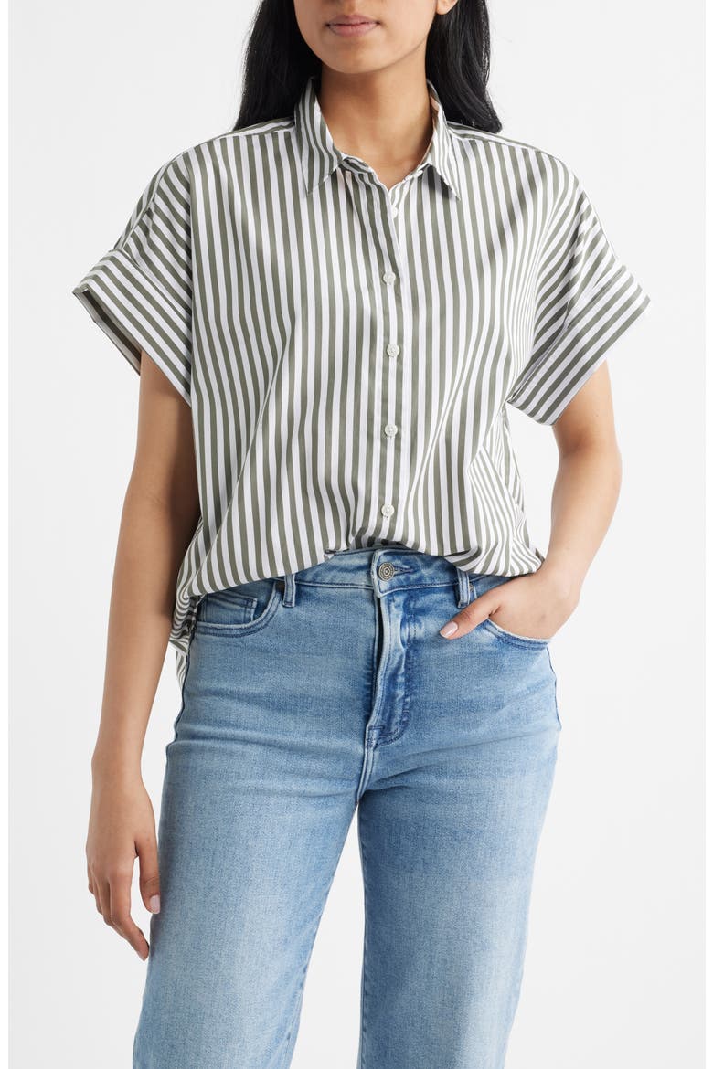 Oversize Stripe Short Sleeve Button-Up Shirt, Main, color, SHADE STRIPE GREEN