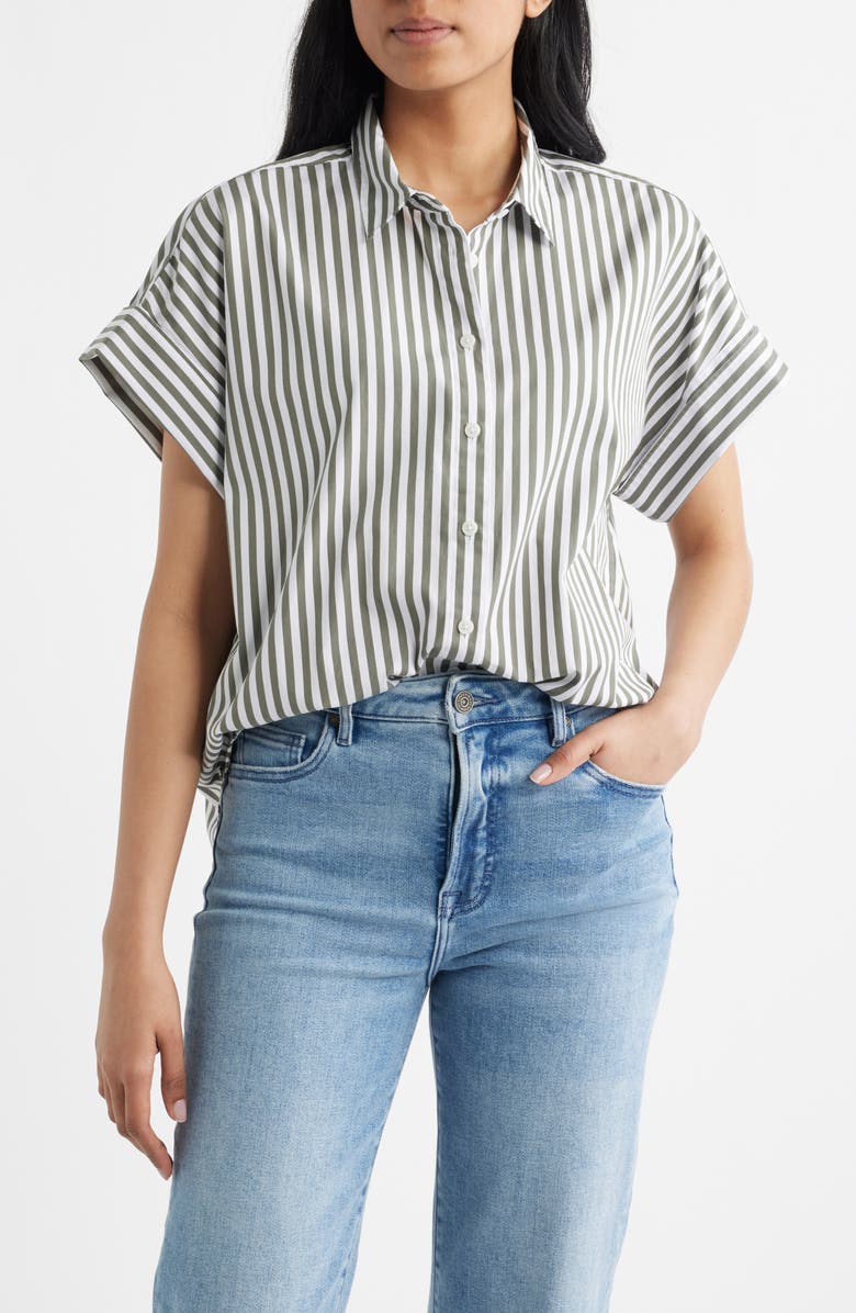 SPANX<sup>®</sup> Oversize Stripe Short Sleeve Button-Up Shirt, Main, color, Shade Stripe Green