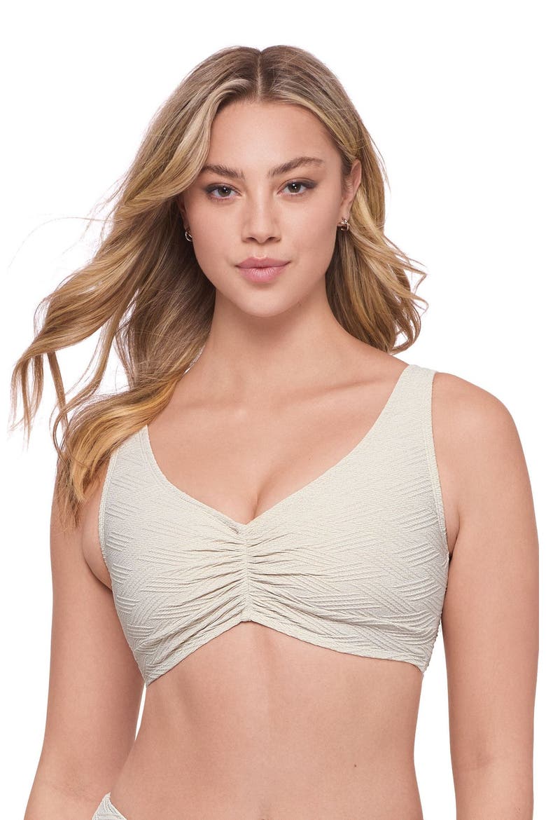 Supportive and Sculpting Basket Weave Banded Cinch Front Bikini Swimsuit Top, Main, color, Bone Basket Weave
