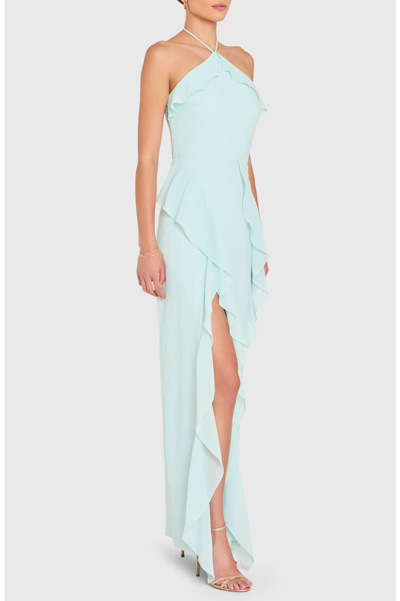 Alessandra Halter Neck Ruffle Trim Gown, Alternate, color, CLOUD