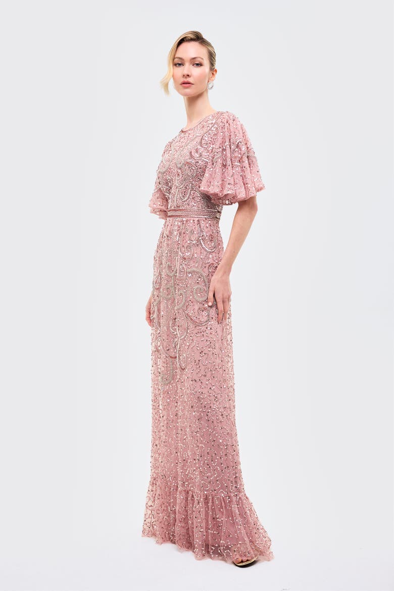 Embellished Sequins Flutter Dress, Alternate, color, FROSTED PINK