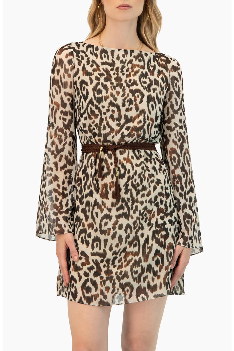 Short Animal Print Dress with Waist Tie, Main, color, Brown