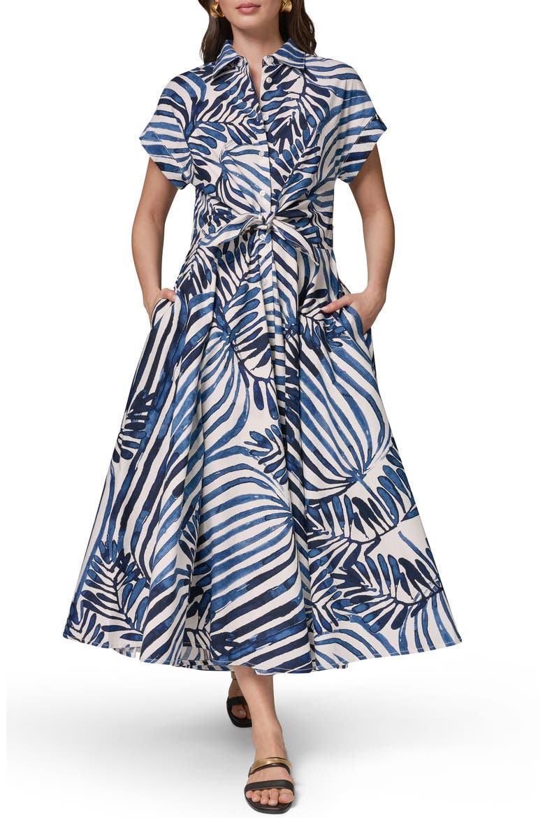 Tie Waist Short Sleeve Stretch Cotton Midi Shirtdress, Main, color, NIGHT FALL