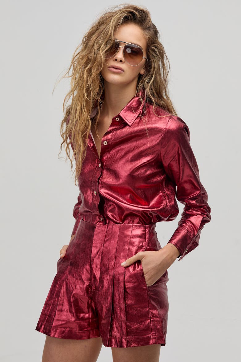 Frida Metallic Linen Shorts, Alternate, color, Metallic Cherry