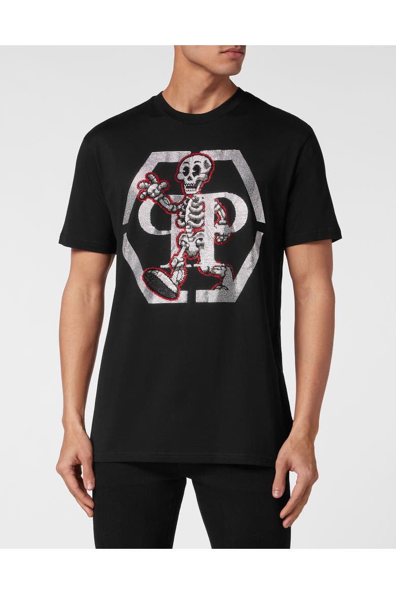 T-Shirt Round Neck Ss Skeleton Men, Main, color, black