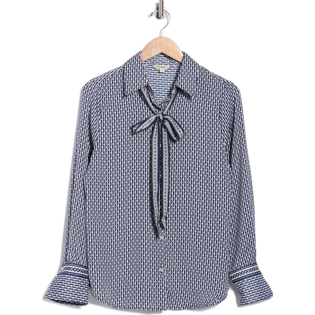 Max Studio Satin Tie Neck Button-up Shirt In Black