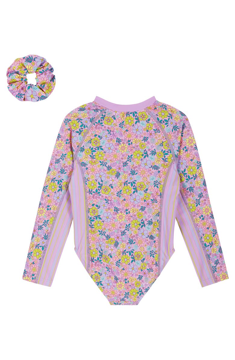 Andy & Evan Kids' Print Long Sleeve One-Piece Rashguard Swimsuit & Hair Tie Set, Main, color, Purple Mix