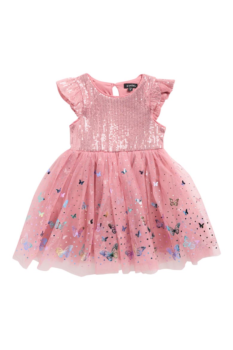 Kids' Flutter Sequin Foil Party Dress, Main, color, DUSTY MAUVE