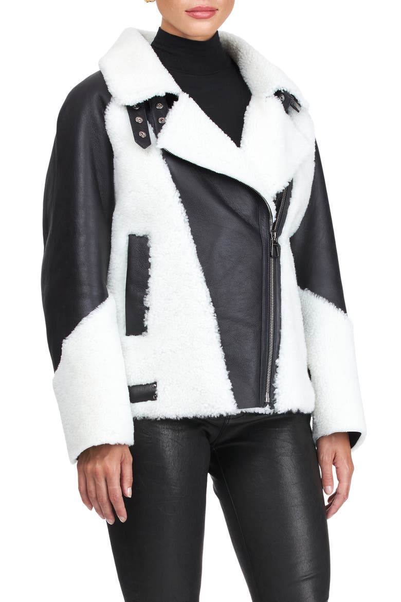 Genuine Shearling  Asymmetrical Zip Jacket, Alternate, color, BLACK/WHITE