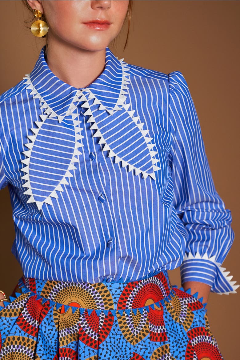 Striped Cotton Blouse With Macrame Trim, Alternate, color, Blue / White