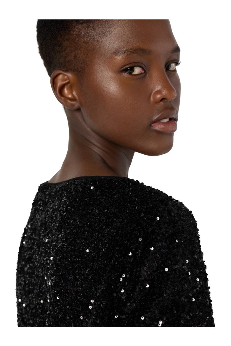 Alienor Sequin 3/4 Sleeve Voile Trim Top, Alternate, color, Black