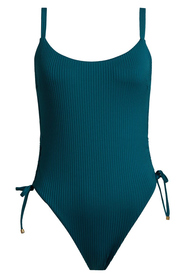 Gemma Drawstring Accent Rib One-Piece Swimsuit, Alternate, color, EMERALD ECORIB