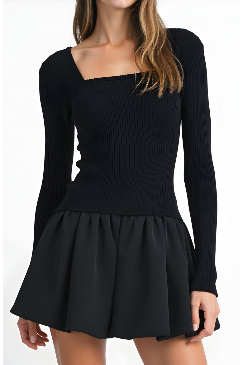 Knit and Woven Fit-and-Flare Mini Dress with Ribbed Long Sleeve Top, Alternate, color, Black