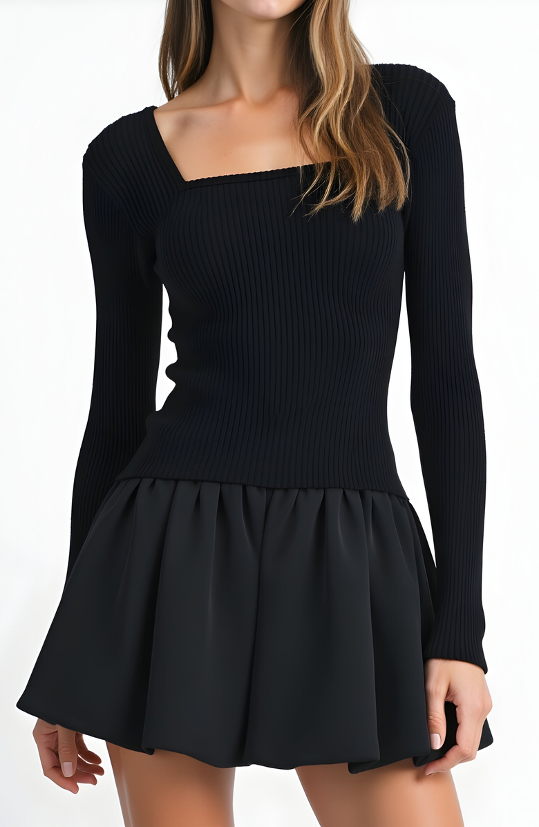 Modenaire Knit and Woven Fit-and-Flare Mini Dress with Ribbed Long Sleeve Top, Alternate, color, 