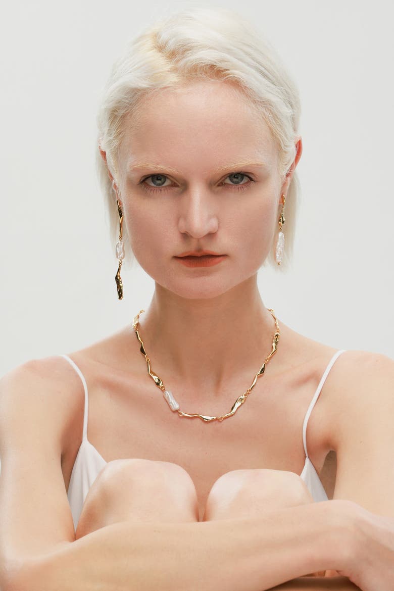 Freshwater Baroque Pearl Asymmetrical Molten Drop Earrings, Alternate, color, Gold