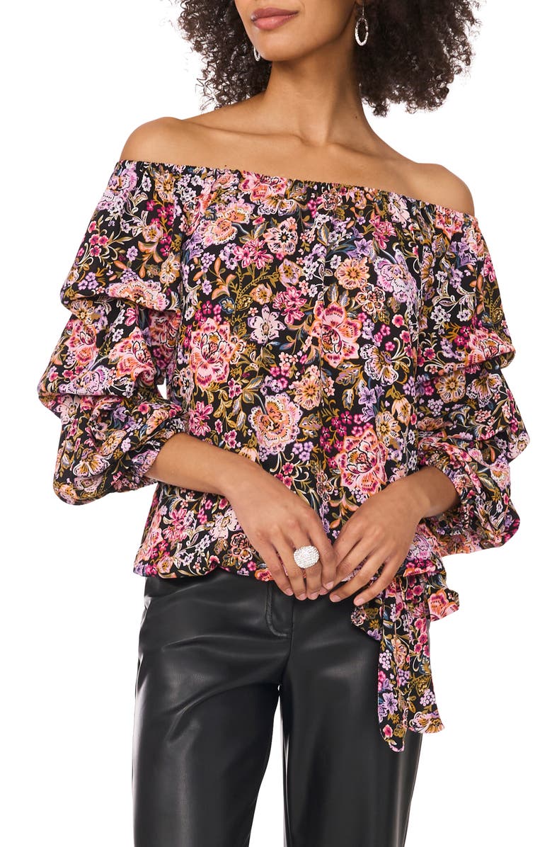 Vince Camuto Floral Ruffle Tie Hem Off the Shoulder Top, Alternate, color, 