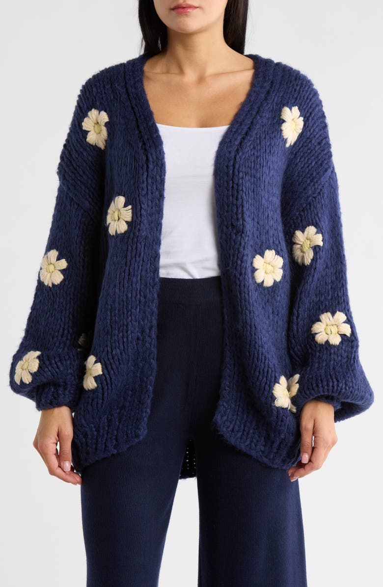 FRNCH Taya Floral Embroidered Hand Knit Cardigan, Main, color, Bleu Marine