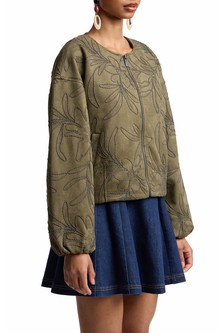 Leaf Embroidery Faux Suede Jacket, Alternate, color, FERN