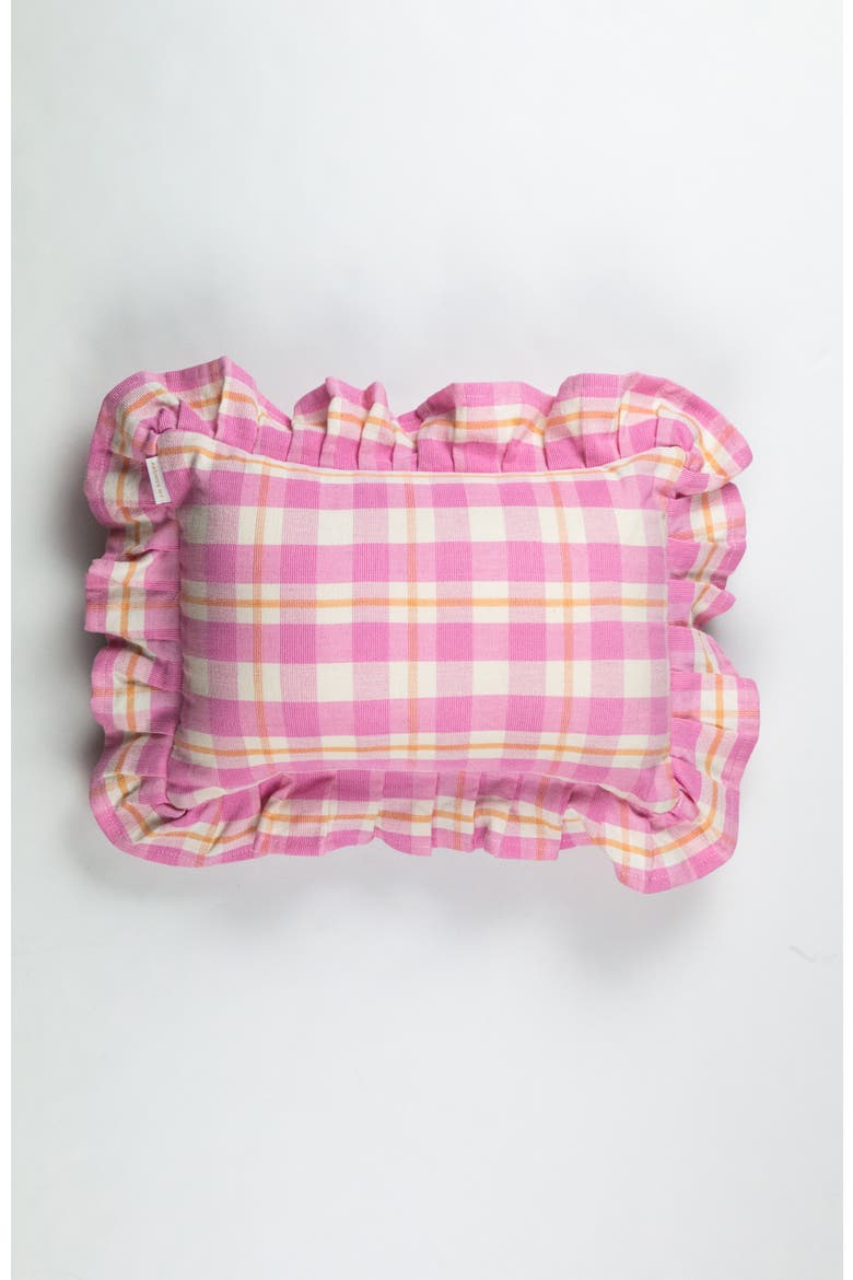 Handwoven Classic Gingham Ruffle Cotton Throw Pillow, Main, color, Pink