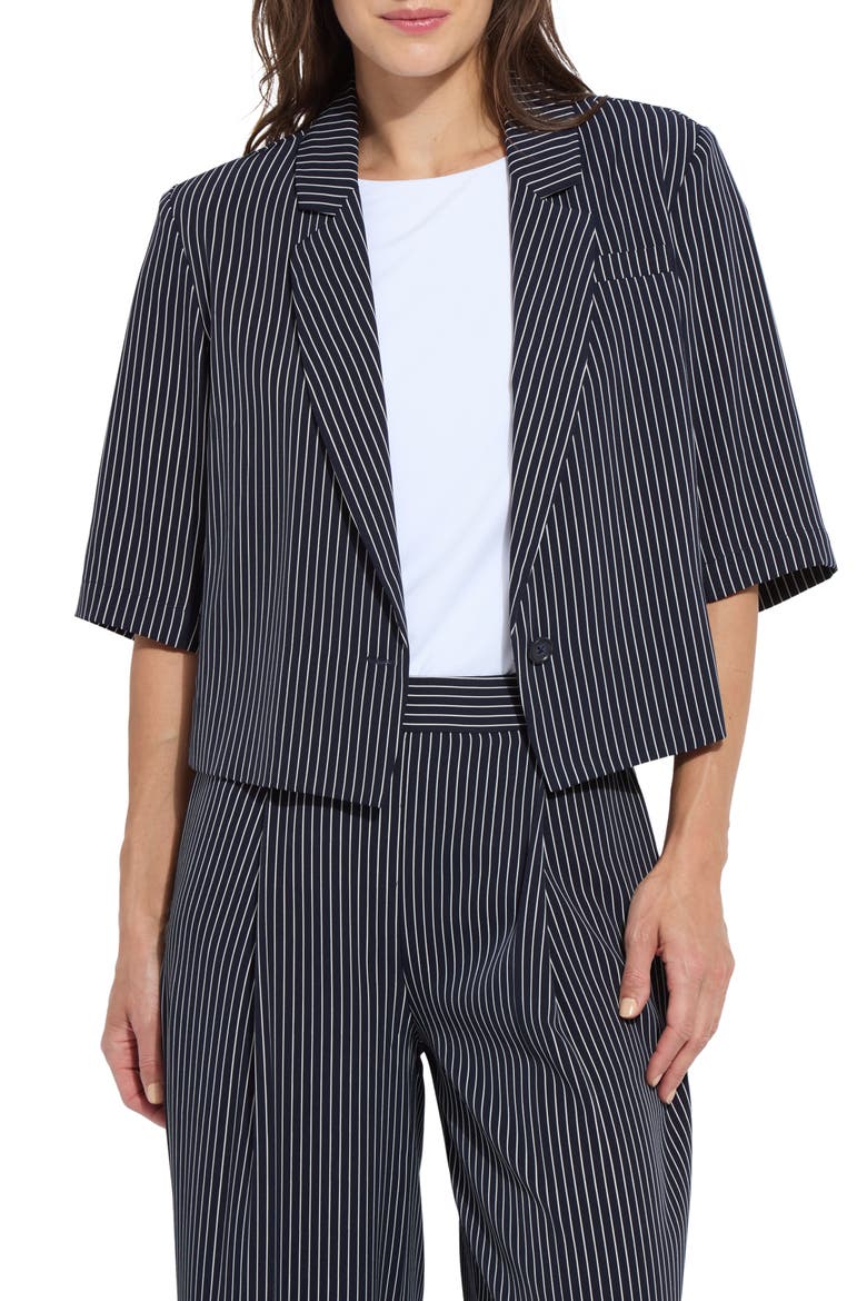 Clarette Stripe Elbow Sleeve Crop Jacket, Main, color, MARINE PINSTRIPE