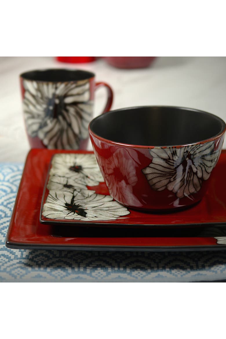 Winter Bloom 16 Piece Square Stoneware Dinnerware Set, Alternate, color, Red