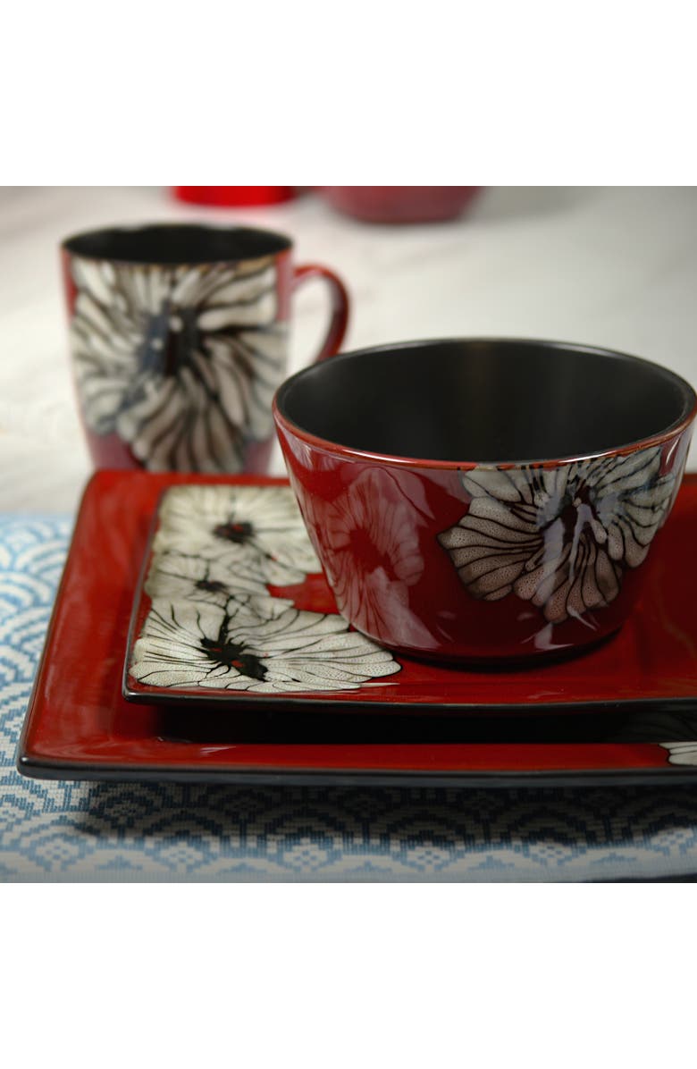 Elama Winter Bloom 16 Piece Square Stoneware Dinnerware Set, Alternate, color, Red