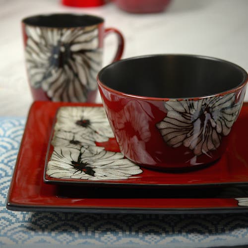 Elama Winter Bloom 16 Piece Square Stoneware Dinnerware Set In Red