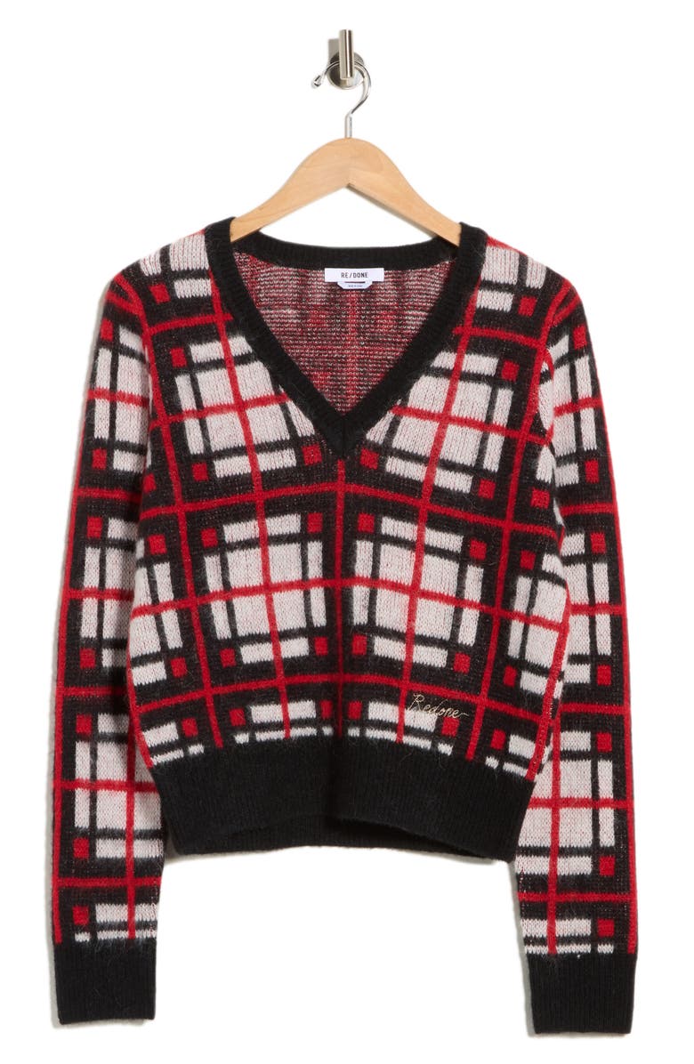 Re/Done Tartan V-Neck Sweater, Main, color, Black/ Red/ Whte