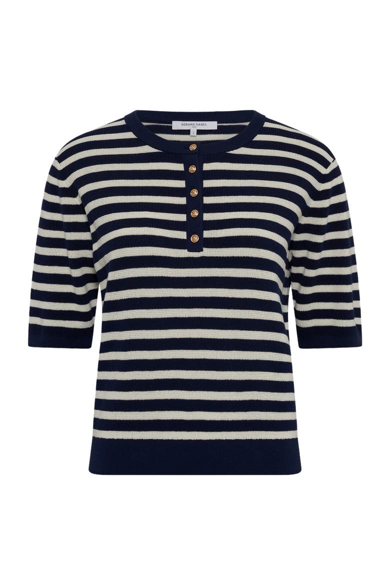 Laina Short Sleeve Button Neck Knit Top, Alternate, color, Navy Blue