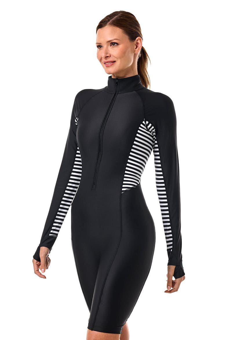 Alana Knee Length Swimsuit, UPF 50+ Sun Protection, Main, color, Black/White Colorblock