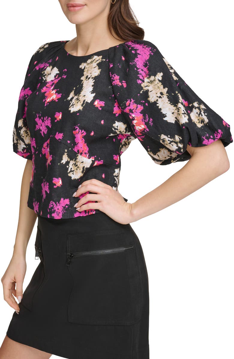 DKNY Abstract Print Puff Sleeve Linen Blend Top, Alternate, color, 
