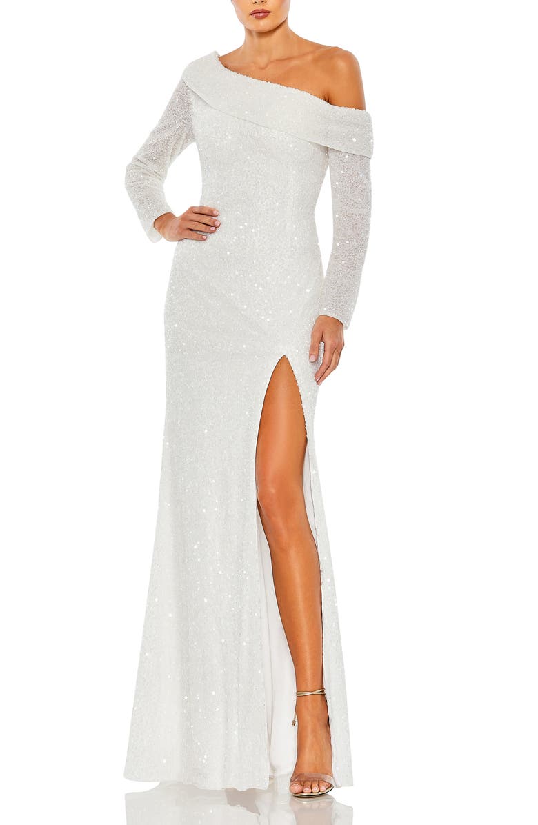 Mac Duggal Sequin One-Shoulder Long Sleeve Trumpet Gown, Main, color,