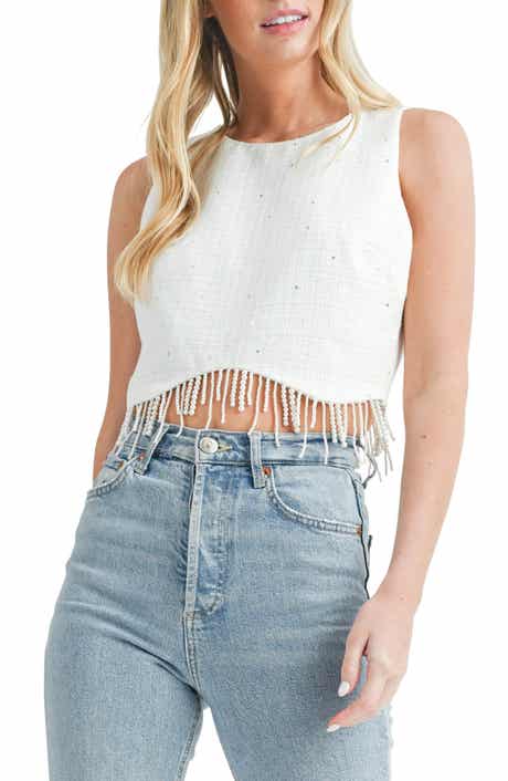 All in Favor Sequin & Imitation Pearl Tweed Crop Top