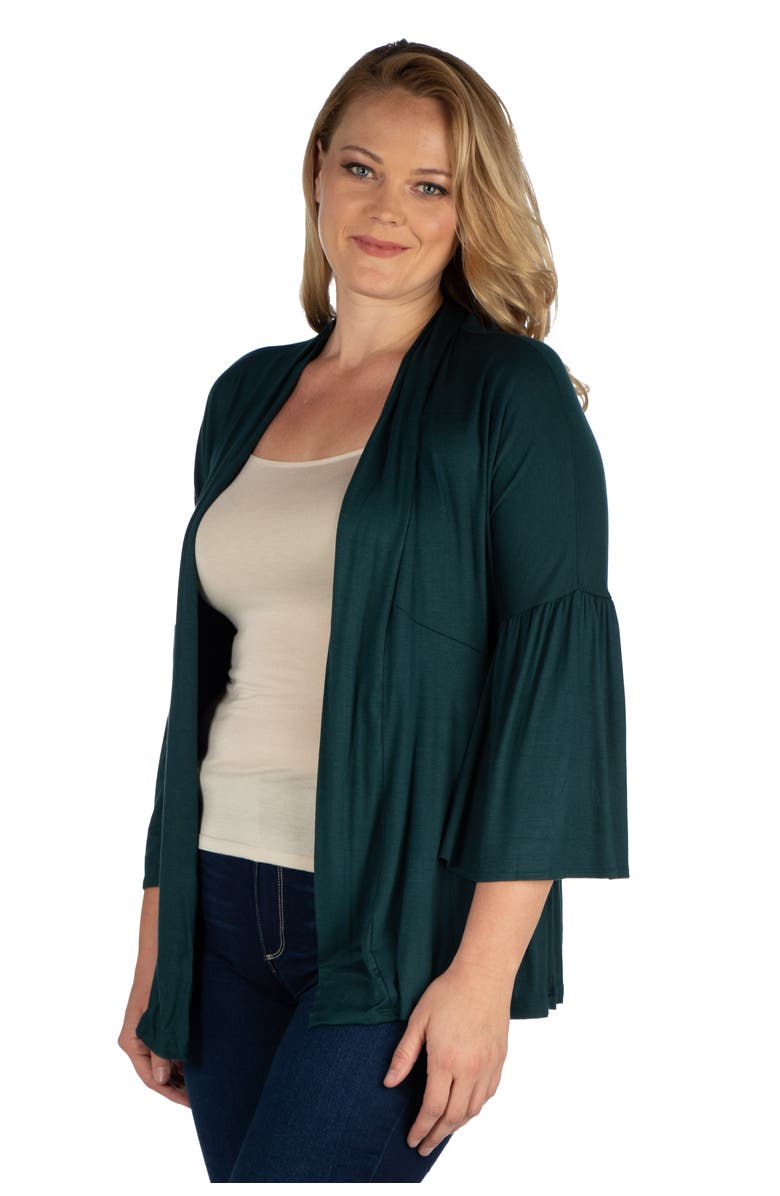 24seven Comfort Apparel Plus Size Bell Sleeve Flared Open Front Cardigan, Alternate, color, Hunter