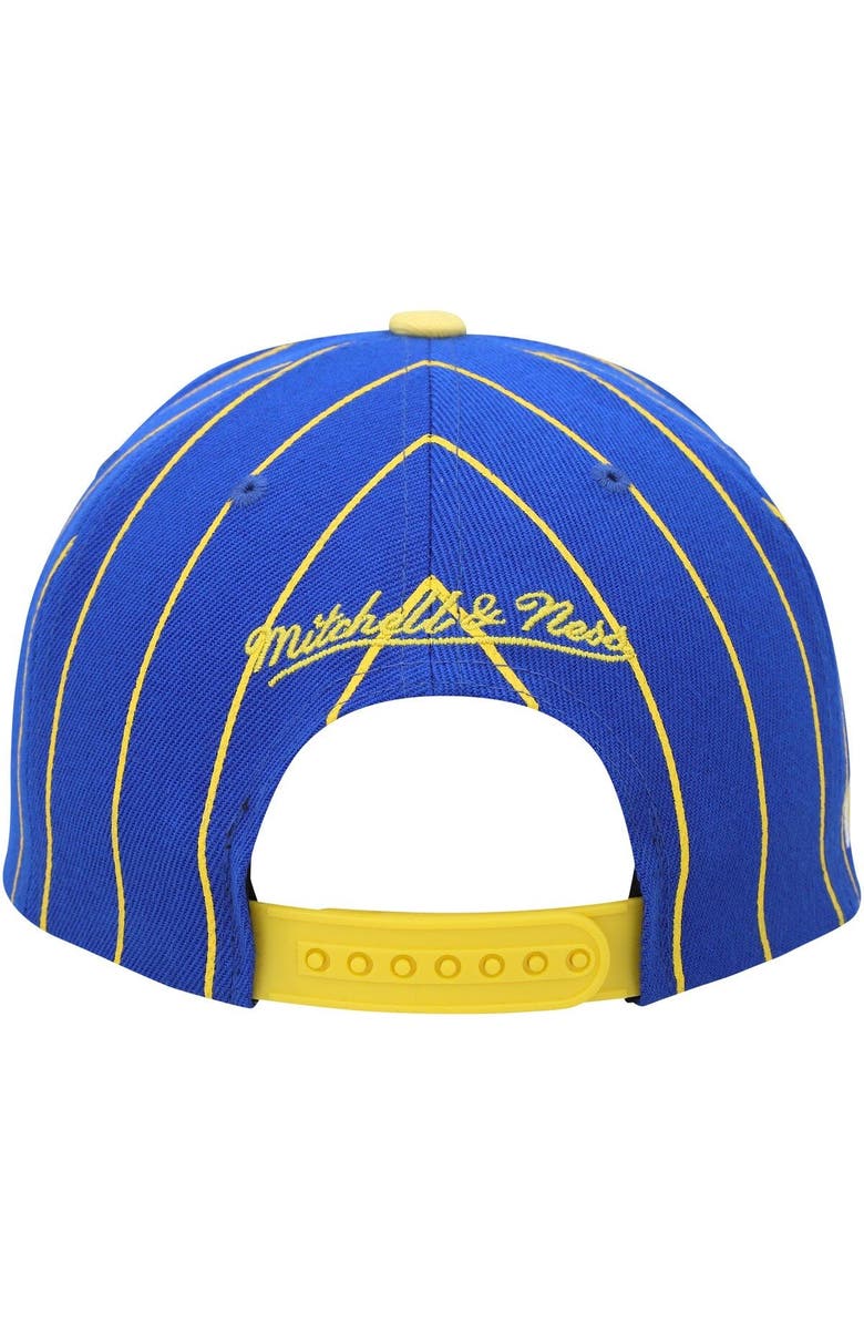 Mitchell & Ness Men's Mitchell & Ness Royal/Gold Golden State Warriors Hardwood Classics Pinstripe Snapback Hat, Alternate, color, 