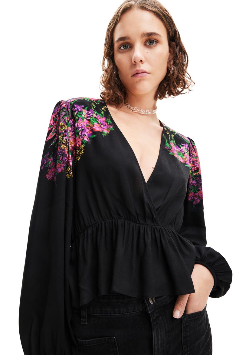 Blus Lorna Floral Print Peplum Top, Alternate, color, BLACK