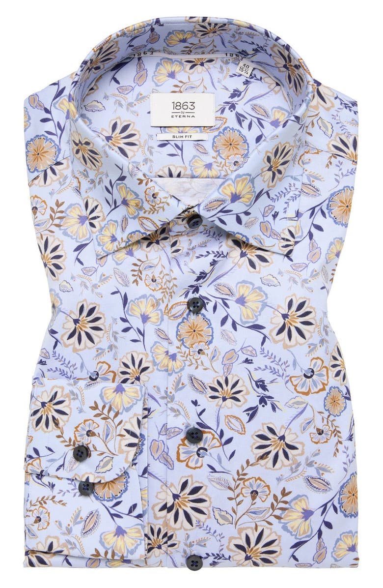 1863 by Eterna Slim Fit Floral Non-Iron Cotton Twill Dress Shirt, Main, color, Light Blue