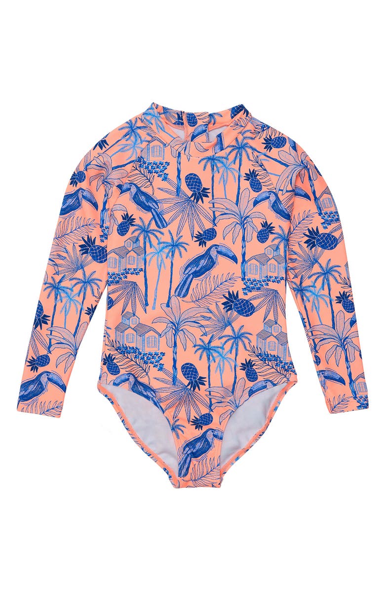 Snapper Rock Kids' Tropicana Vacay Long Sleeve One-Piece Rashguard Swimsuit, Main, color, 