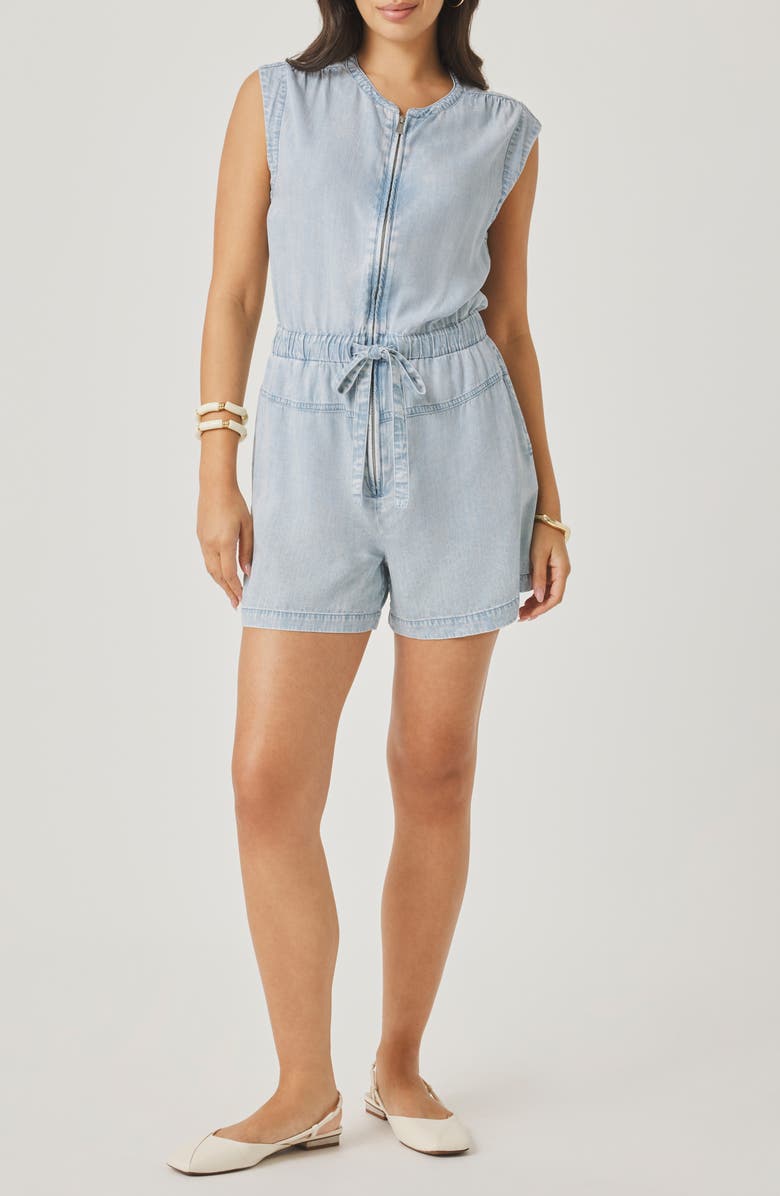 Splendid Rosalie Tie Waist Denim Romper, Main, color, Bleached Indigo Blue