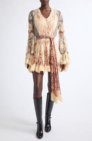 Zimmermann Valiant Floral Long Sleeve Silk & Lace Wrap Minidress