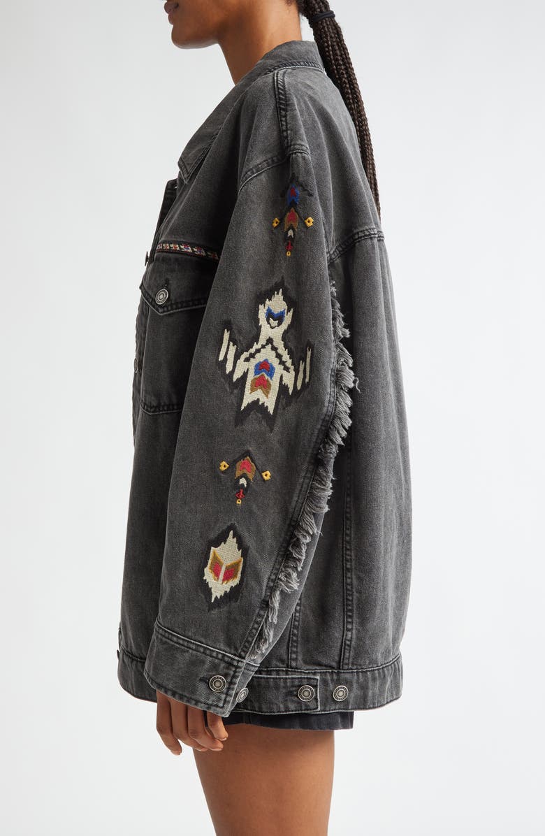 Isabel Marant Étoile Manona Embroidered Fringe Detail Denim Trucker Jacket, Alternate, color,