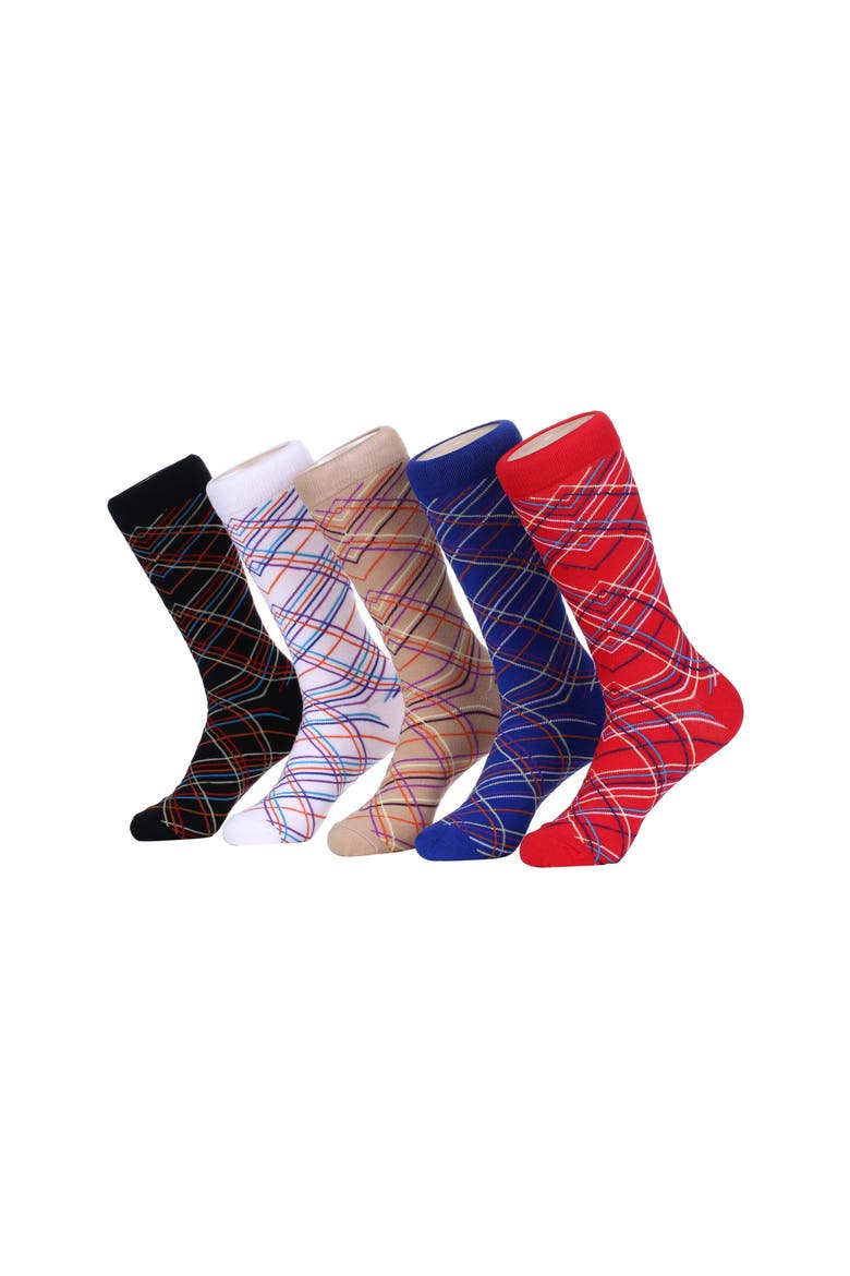Cotton Blend Patterned Dress Socks 5 Pack, Main, color, Criss Cross Streak
